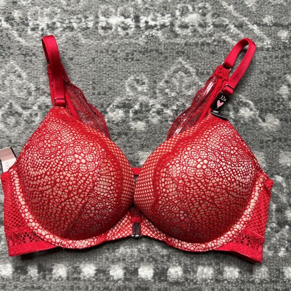Victoria's Secret NWT 32B Bombshell Plunge Bra Red Sexy Fishnet Lace Front Close - Picture 1 of 7